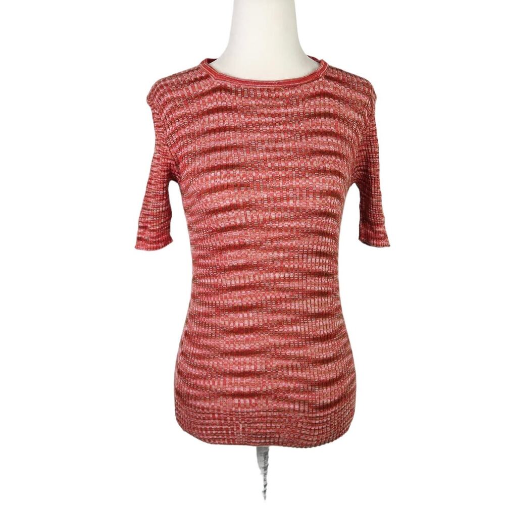 Vintage 70s Elli red and cream marled rib knit short sleeve sweater top L